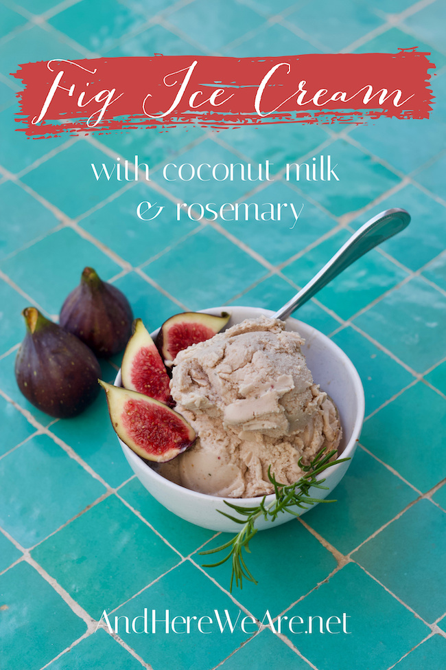 fig ice cream garnished with fresh figs and a rosemary sprig